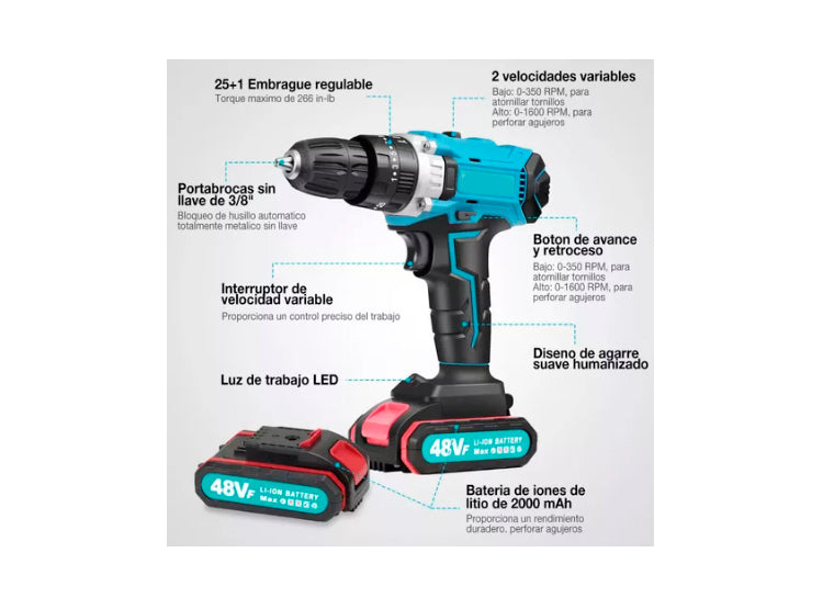 FuerzaPro™ Taladro Inalámbrico 48V Incluye 2 Baterías + Maleta + 24 Accesorios