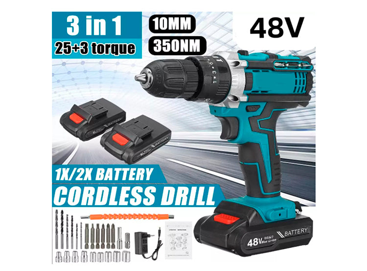 FuerzaPro™ Taladro Inalámbrico 48V Incluye 2 Baterías + Maleta + 24 Accesorios