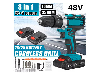 FuerzaPro™ Taladro Inalámbrico 48V Incluye 2 Baterías + Maleta + 24 Accesorios