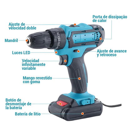 FuerzaPro™ Taladro Inalámbrico 48V Incluye 2 Baterías + Maleta + 24 Accesorios